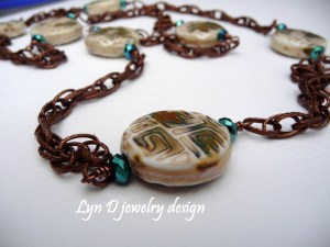 ceramic beads and Czech glass crystals on copper chain 1